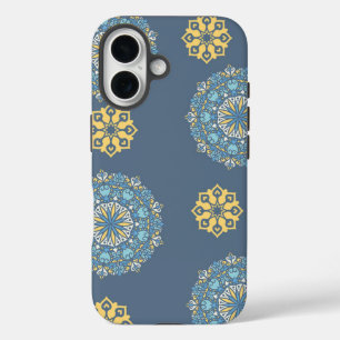 Turquoise Teal Blue an yellow Mandala Art Pattern iPhone 16 Case