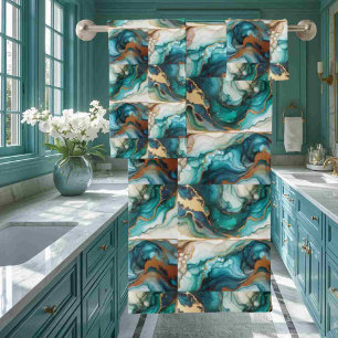 Turquoise Teal Blue and Gold Alcohol Ink Marble Bath Towel Set