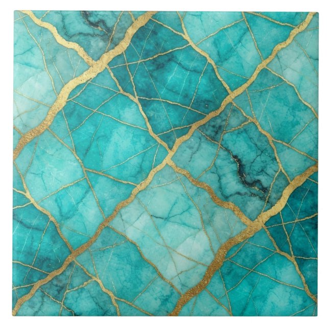 Turquoise Teal Blue and Gold Marble Ceramic Tile (Front)