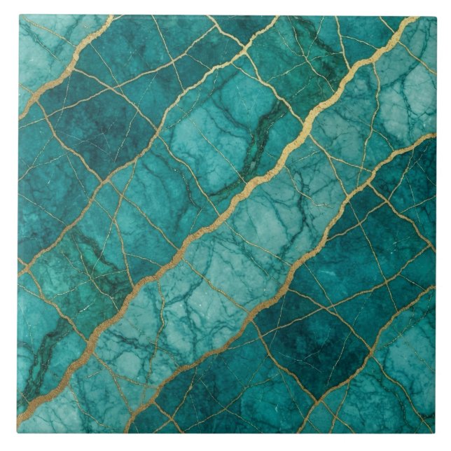 Turquoise Teal Blue and Gold Marble Ceramic Tile (Front)