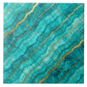 Turquoise Teal Blue and Gold Marble Ceramic Tile