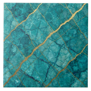 Turquoise Teal Blue and Gold Marble Ceramic Tile