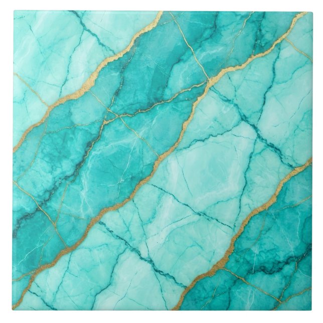 Turquoise Teal Blue and Gold Marble Ceramic Tile (Front)