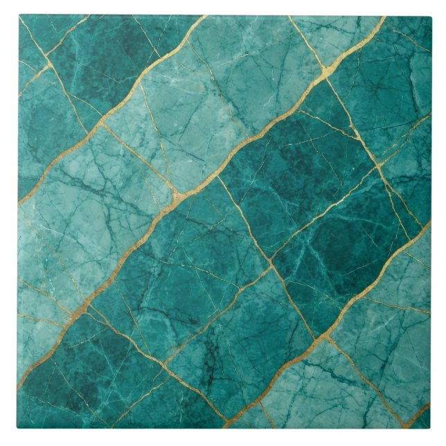 Turquoise Teal Blue and Gold Marble Ceramic Tile (Front)
