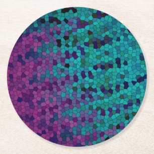 Turquoise Teal Blue and Purple Violet Mosaic Round Paper Coaster