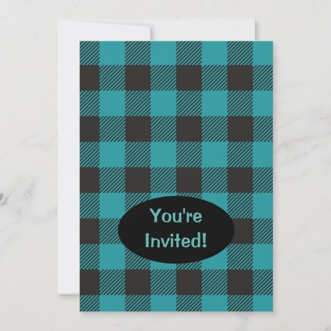 Turquoise Teal Blue Black Buffalo Plaid Check Invitation (Front)