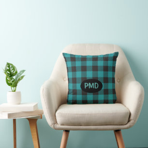 Turquoise Teal Blue Black Buffalo Plaid Monogram Cushion