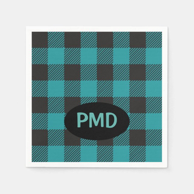 Turquoise Teal Blue Black Buffalo Plaid Monogram Napkin (Front)