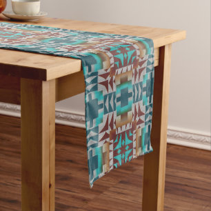 Turquoise Teal Blue Dark Red Brown Grey Tribal Art Medium Table Runner