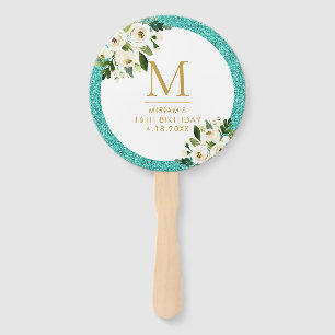 Turquoise Teal Blue Glitter Grey Floral Monogram Hand Fan