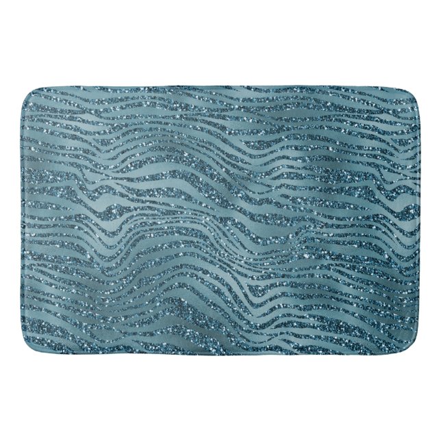 Turquoise Teal Blue Glitter Zebra Print   Bath Mat (Front)