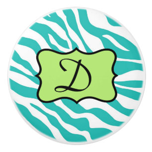 Turquoise Teal Blue White Zebra Skin Art Monogram Ceramic Knob