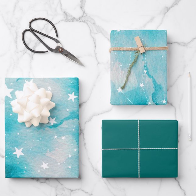 Turquoise Teal Celestial Stars Wrapping Paper Sheet (Front)