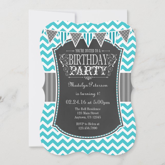 Turquoise Teal Chalkboard Chevron Birthday Invite (Front)