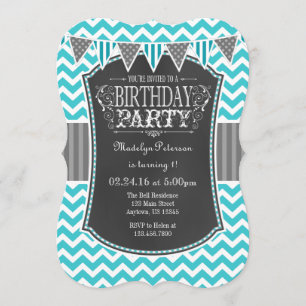 Turquoise Teal Chalkboard Chevron Birthday Invite