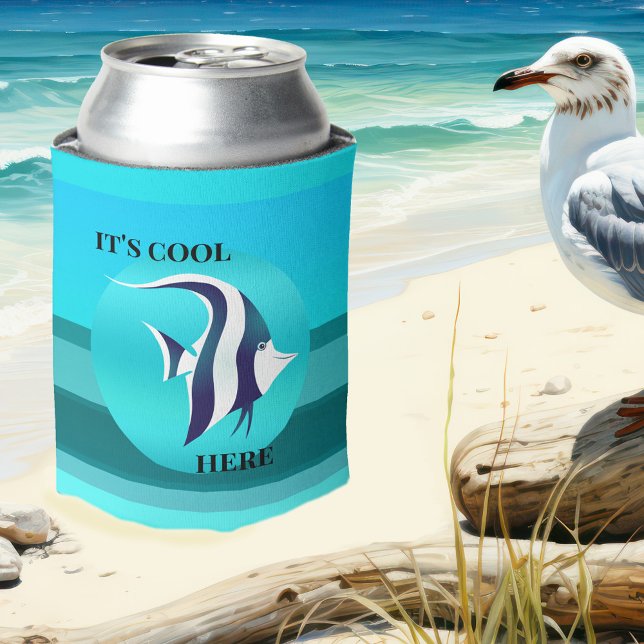 Turquoise Teal Cute Fish Can Cooler (Can cooler featuring a cute fish on a striped teal turquoise background design)
