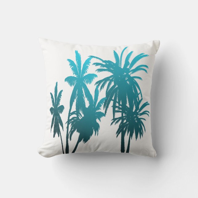 Turquoise Teal Fade Palm Trees Tropical Sunset Cushion (Front)