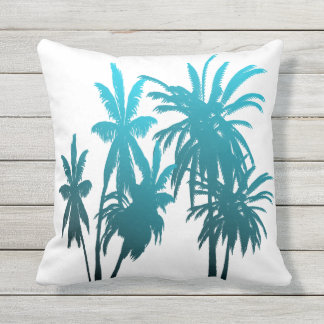 Turquoise Teal Fade Palm Trees Tropical Sunset Cushion