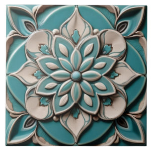 Turquoise Teal Faux Relief Floral Flower Aqua Blue Ceramic Tile