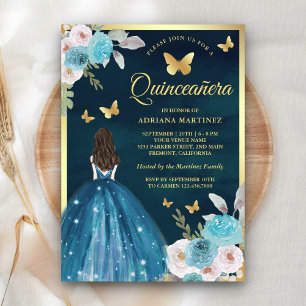 Turquoise Teal Floral Butterfly Gold Quinceanera Invitation