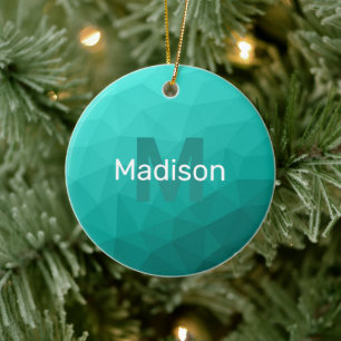 Turquoise teal geometric mesh pattern Monogram Ceramic Ornament