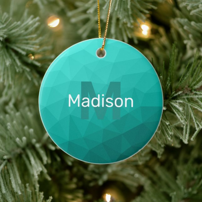 Turquoise teal geometric mesh pattern Monogram Ceramic Ornament (Tree)