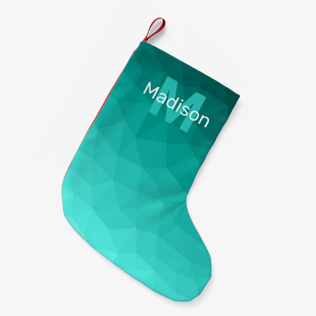 Turquoise teal geometric mesh pattern Monogram Small Christmas Stocking (Front (Hanging))
