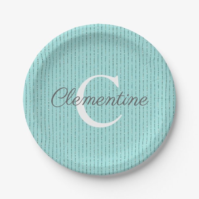 Turquoise Teal Glitter Stripes Girly Monogram Paper Plate (Front)