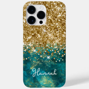 Turquoise Teal Glittery Gold Glam Personalised Case-Mate iPhone 14 Pro Max Case