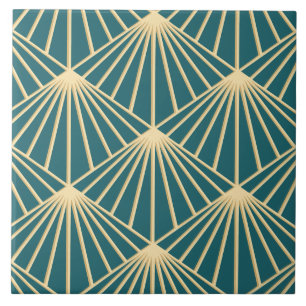 Turquoise Teal & Gold Art Deco Fan Pattern Diamond Ceramic Tile