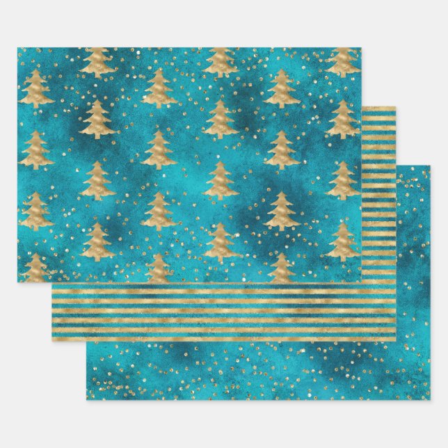 Turquoise Teal Gold Sparkle Christmas Tree   Wrapping Paper Sheet (Set)