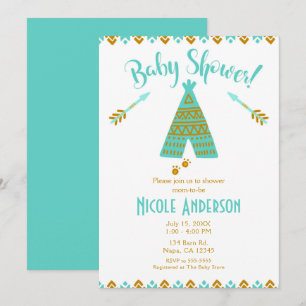 Turquoise Teal & Gold Tepee Modern Baby Shower Invitation