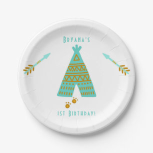 Turquoise Teal & Gold Tepee Modern Birthday Party Paper Plate