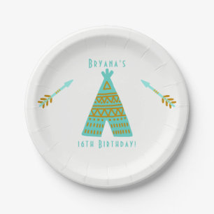 Turquoise Teal Gold Tepee Sweet 16 Birthday Party Paper Plate
