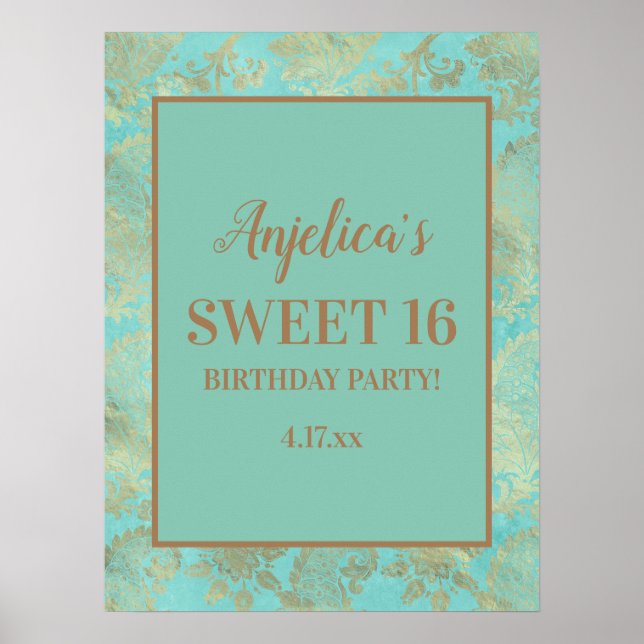 Turquoise Teal Gold Tiaras Girl's Sweet 16 Poster (Front)