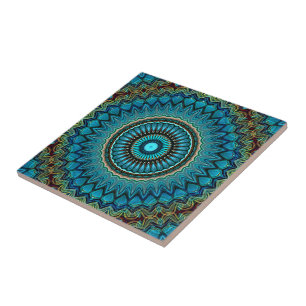 Turquoise Teal Green Mandala Round Star Pattern Ceramic Tile