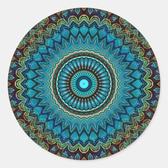 Turquoise Teal Green Mandala Round Star Pattern Classic Round Sticker (Front)