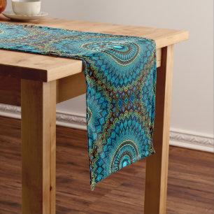 Turquoise Teal Green Mandala Round Star Pattern Long Table Runner