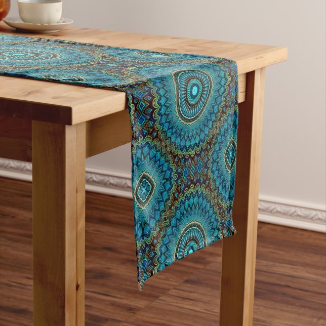 Turquoise Teal Green Mandala Round Star Pattern Short Table Runner (In Situ)