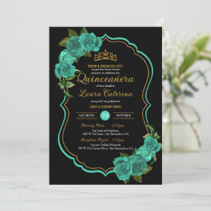 Turquoise Teal Green Rose Gold Elegant Quinceañera Invitation