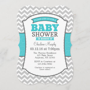 Turquoise Teal Grey Chevron Baby Shower Invitation