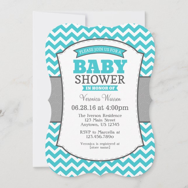 Turquoise Teal Grey Chevron Baby Shower Invitation (Front)