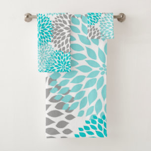 Turquoise Teal Grey dahlia floral bath decor Towel Set