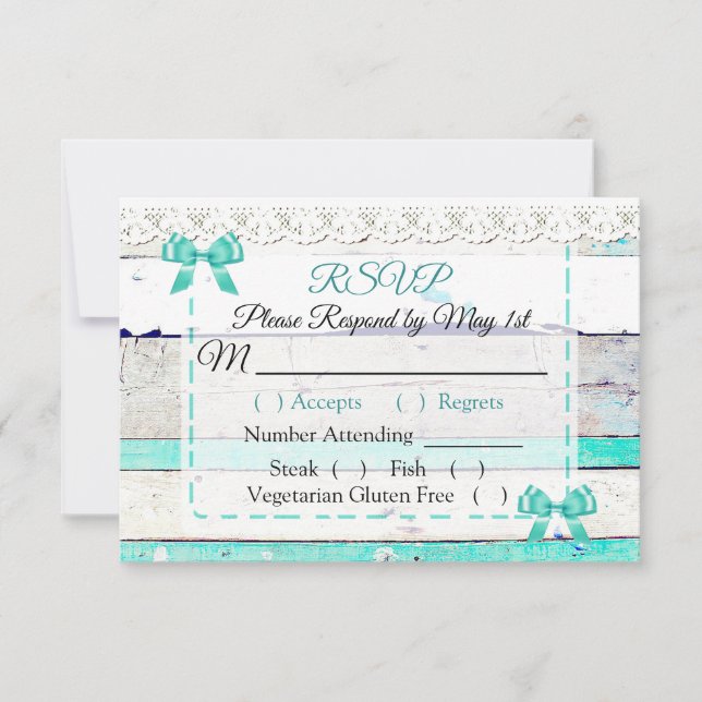 Turquoise Teal Grey Rustic Wood Wedding RSVP card (Front)