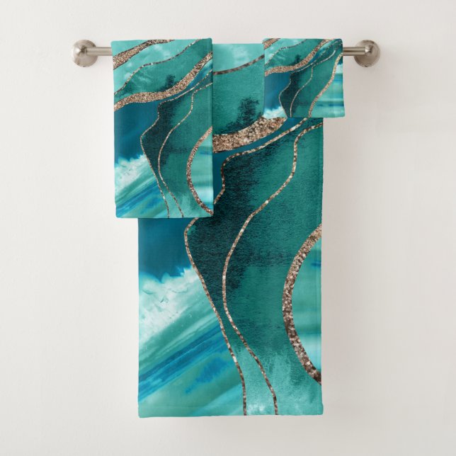 Turquoise Teal Marble Agate Gold Glitter Glam #1  Bath Towel Set (Insitu)