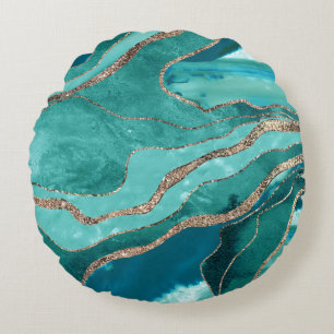 Turquoise Teal Marble Agate Gold Glitter Glam #1  Round Cushion