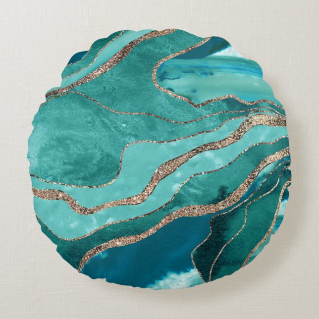 Turquoise Teal Marble Agate Gold Glitter Glam #1  Round Cushion (Front)