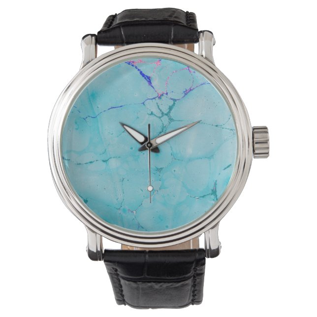 Turquoise Teal Marble Paint Abstract Watercolor Watch (Front)