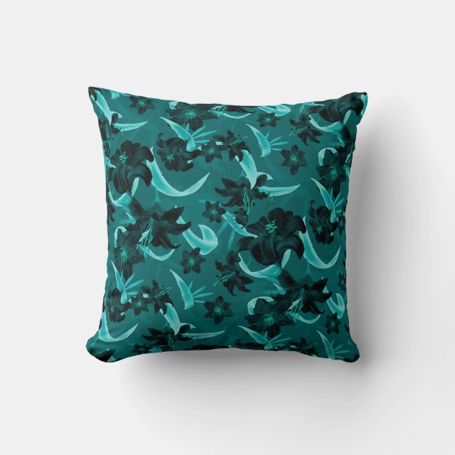 Turquoise & Teal Modern Floral | Lily Flowers Cushion (Front)