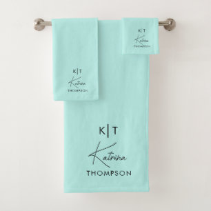 Turquoise Teal Modern Signature Script Monogram Bath Towel Set